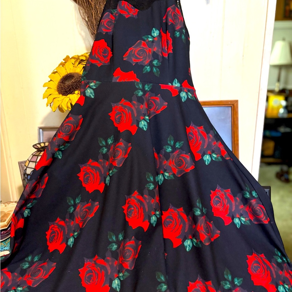 Black Dress with Red Rose Print Vintage Style mid calf